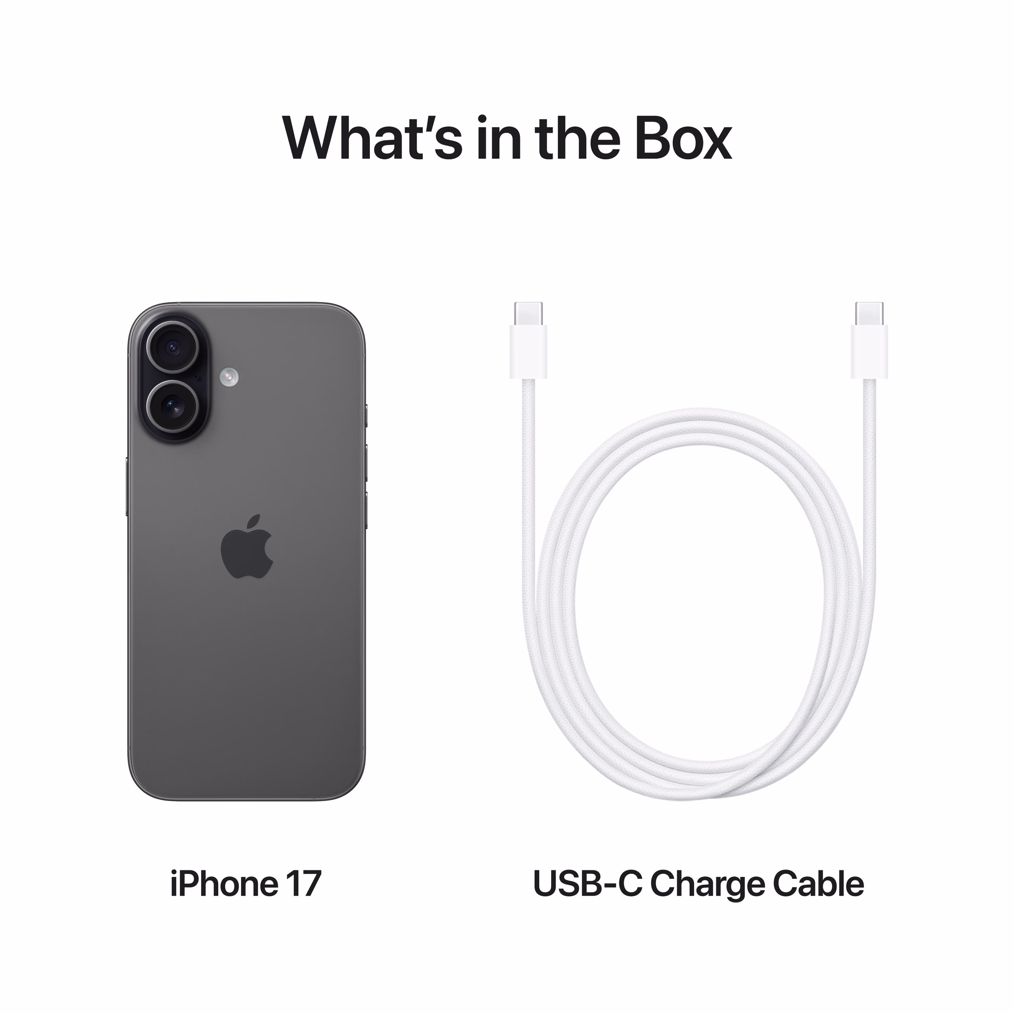 Een zwarte Apple iPhone 17 256GB en een witte opgerolde USB-C oplaadkabel.