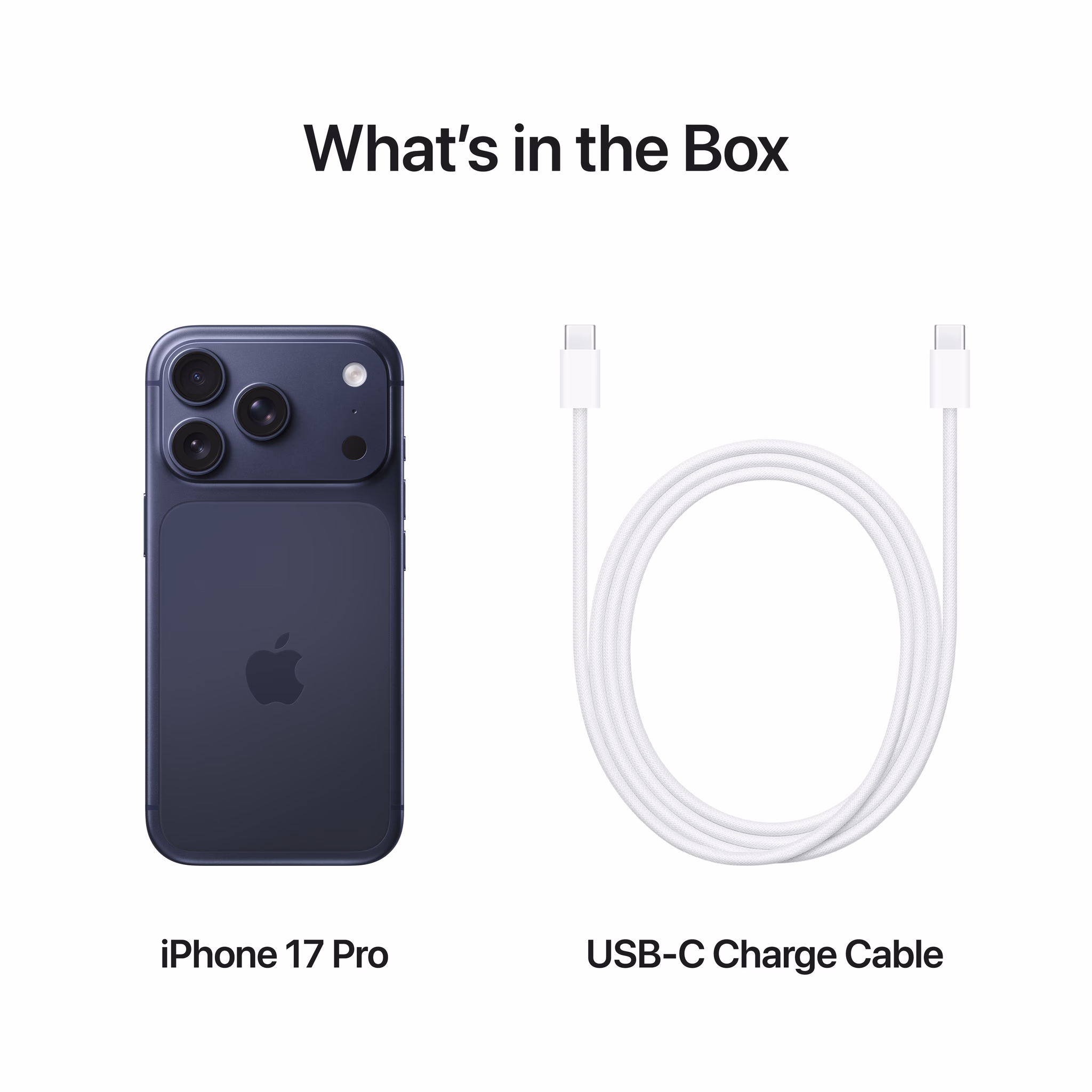 De achterkant van een blauwe Apple iPhone 17 Pro 256GB met USB-C kabel