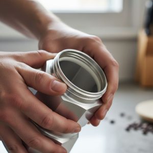 Nauwkeurige close-up van de zilveren schroefdraad van een Bialetti Moka Express die door twee handen wordt dichtgedraaid.