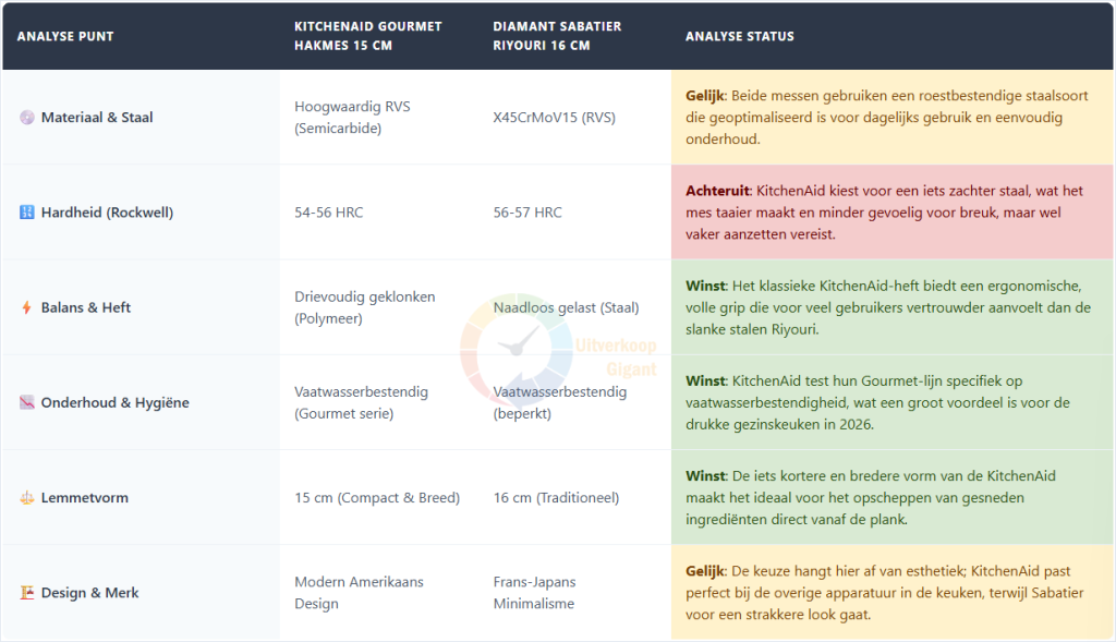 Een technische vergelijkingstabel tussen het KitchenAid Gourmet Hakmes en de Diamant Sabatier Riyouri, waarin aspecten zoals staalhardheid, balans, onderhoud en lemmetvorm worden geanalyseerd met een bijbehorende status per onderdeel.