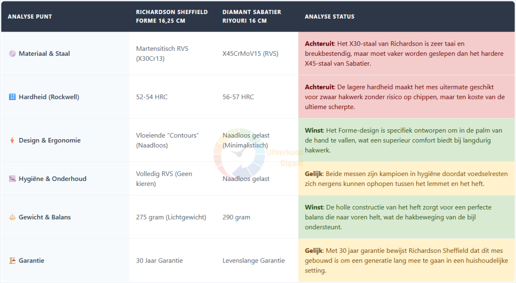 Een gedetailleerde vergelijkingstabel tussen het Richardson Sheffield Forme Contours hakmes en de Diamant Sabatier Riyouri, waarbij wordt gekeken naar materiaal, hardheid, ergonomie, hygiëne, balans en garantie met een bijbehorende analyse per punt.