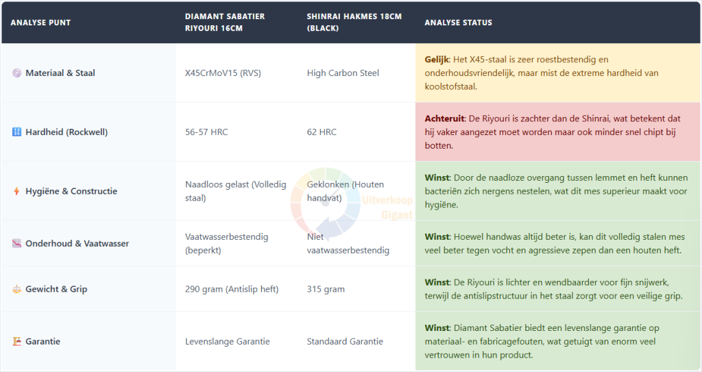Een technische vergelijkingstabel tussen het Diamant Sabatier Riyouri 16cm hakmes en het Shinrai 18cm Black Edition hakmes, waarbij de nadruk ligt op de hygiënische voordelen van het naadloos gelaste RVS van de Sabatier tegenover de extreme hardheid van het Shinrai koolstofstaal.