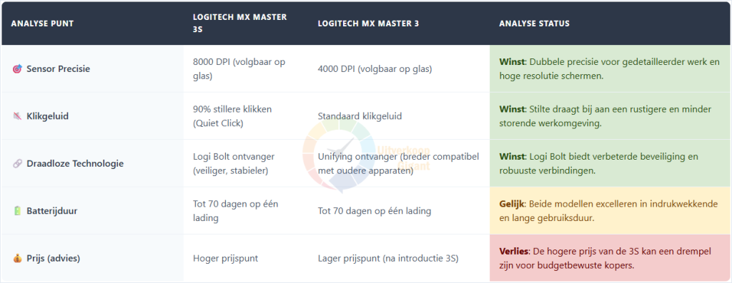 Vergelijkingstabel met specificaties en analyse status van Logitech MX Master 3S en MX Master 3 muizen.