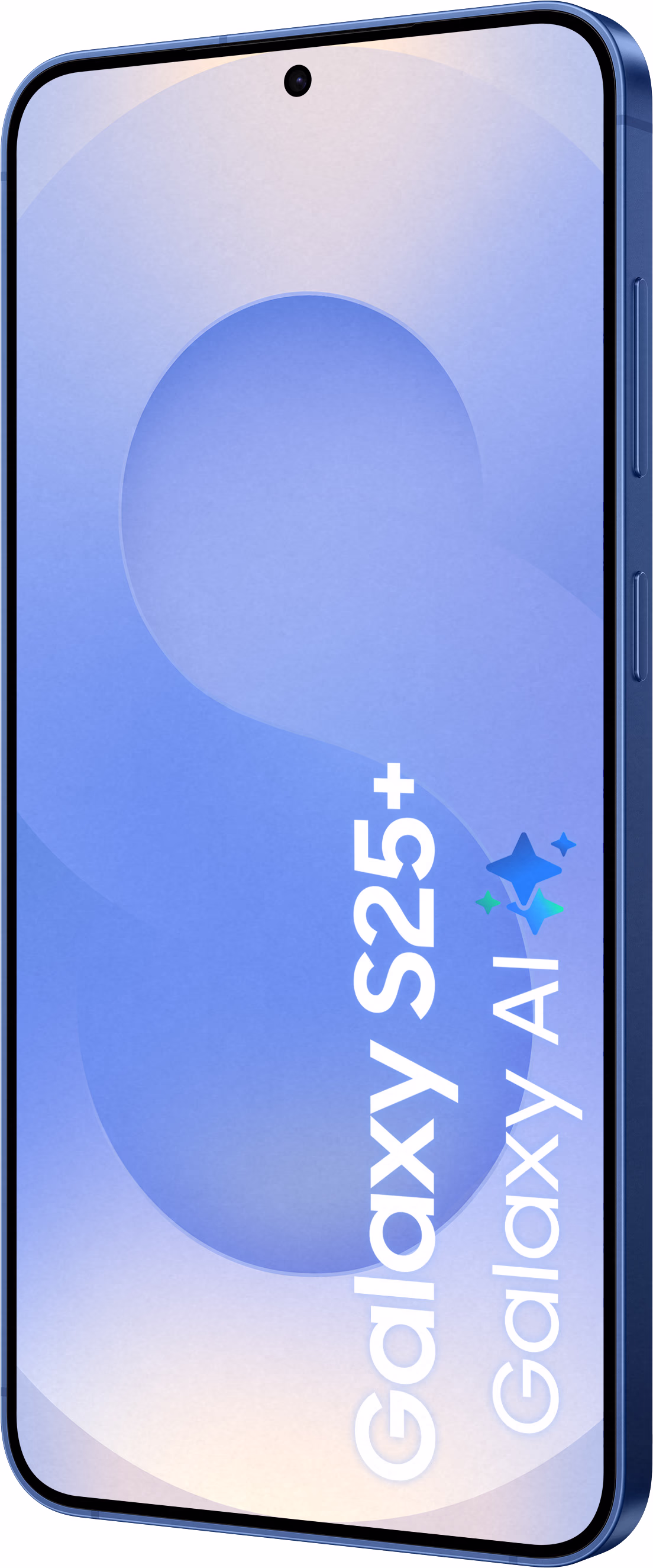 Vooraanzicht van de Samsung Galaxy S25 Plus Navy (Donkerblauw) met focus op het 6.7-inch AMOLED-display, de centrale punch-hole selfiecamera en de slanke metalen bezels.