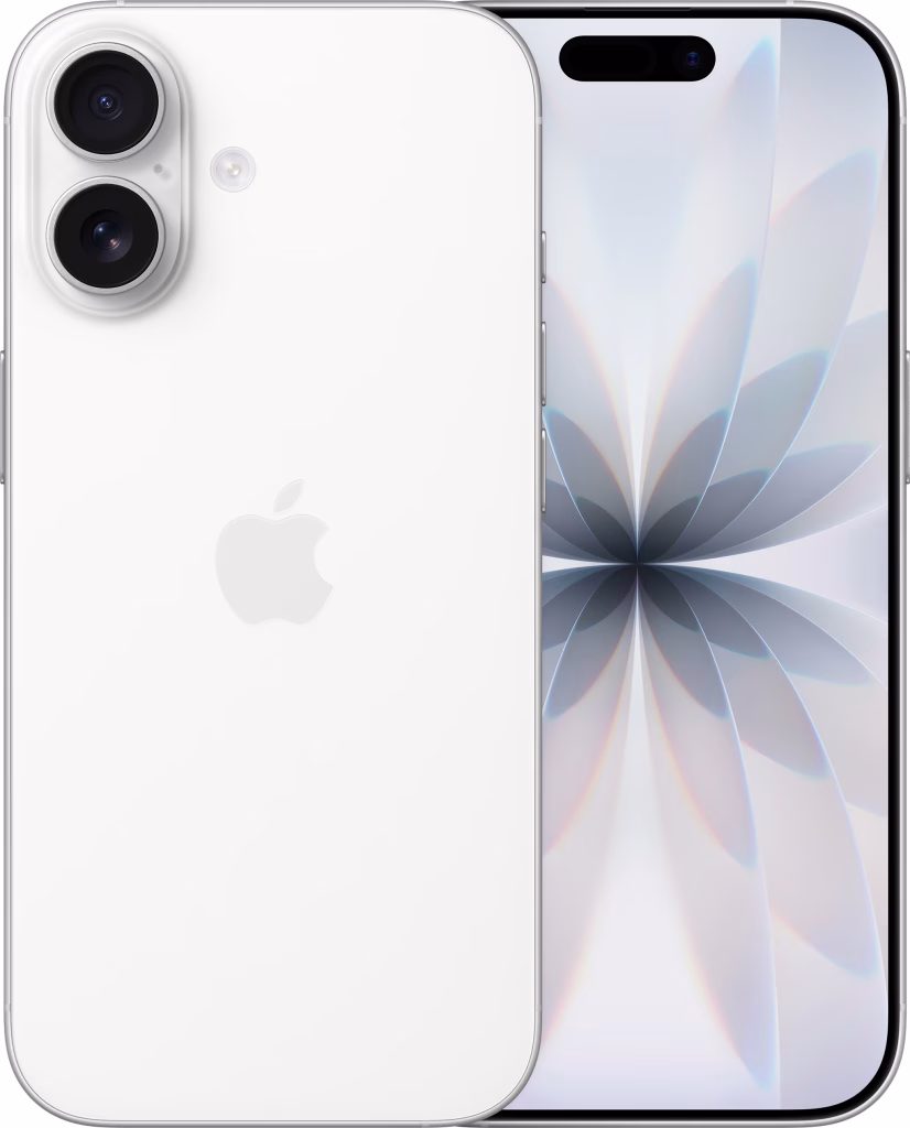 Twee Apple iPhone 17 smartphones, één wit van achteren en één van voren met het scherm aan.