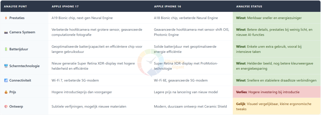 Tabel toont uitgebreide specificatievergelijking tussen Apple iPhone 17 en iPhone 16 modellen