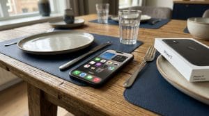 Apple iPhone 17 256GB Zwart dat op de eettafel ligt