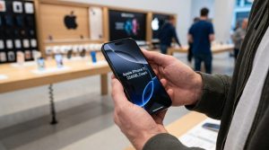 Man houdt Apple iPhone 17 256GB Zwart vast in store